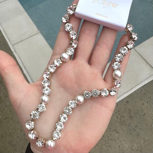 NWT JCrew Factory Crystal & Pearl Statement Necklace Gold Plated - Picture 4 of 11